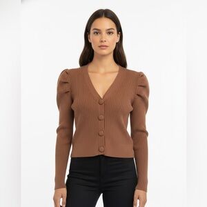 Brown Industry Cardigan with fabric buttons and puff shoulders BNWOT